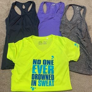 Fun workout bundle - 3 tanks and “no one ever drowned in sweat t shirt”